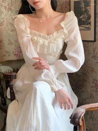 Casual Dresses Lace Vintage Fairy Dress Women Patchwork Ruffle Long Sleeve Sweet Princess Elegant Korean Party For 2024 Y2k