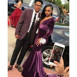 New Arrival Sexy Purple Mermaid Prom Dresses Deep V Neck Veet Long Sleeves African Celebrity Formal Dress Evening Party Gowns 0430