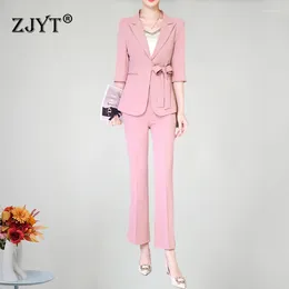 Women's Two Piece Pants ZJYT Lace Up Blazer Suits Pant Sets 2 Women Three Quarter Sleeve Jacket Trousers Set White Outfit Spring Summer Work