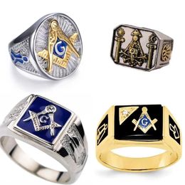 Band Rings Retro Mens Freemason Ring Stainless Steel Freemason Punk Jewellery Full Appearance Shape Hip Hop Mysterious Gift J240429