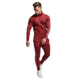 Jogger Tracksuits Mens Slim GYM Suits Side Striped Zipper Tops Hoodies Long Pants Outfits 2 PCS Hommes Fitting Active 251u