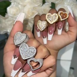 Iced Out Styles Heart Ring With Full Cubic Zircon Paved Gold Silver Color Women Lady Party Wedding Engagement Rings Jewelry 240424