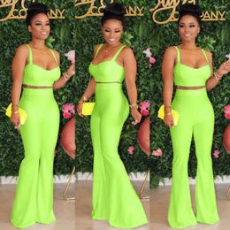 Women's Tracksuits Summer Two Piece Set Casual Neon Spaghetti Strapless Sleeveless Corp Tops Long Flare Pants Suit Night Party Outfit