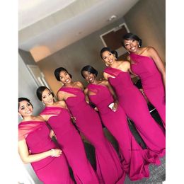 African New Designer Fucshia Sheath Bridesmaid Dresses Cheap One Shoulder Sweep Train Wedding Party Formal Gowns Maid Of Honor Dress 0430