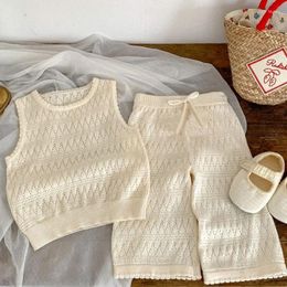 Clothing Sets Summer Girl's Fashion Korean Thin Knitted Kids Clothes Set Children 2Pcs Hollow Breathable Vest Wide Leg Pants