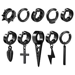 WKOUD 110 Pcs1 Set Clipon Hoop Earrings Mens Stainless Steel Fake Perforated Pendant Cross Feather Ear Clips 240418