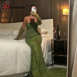 Party Dresses Luxury Dubai Mermaid Green Evening With Gloves 2024 Elegant Saudi Arabia Women Wedding Gowns