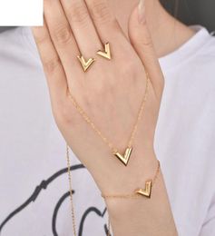 Letter V Charm Bracelet Necklace Earrings Sets for Women Stainless Steel Silver Gold Chain Bracelet V Triangle Cute Stud Earrings9946432