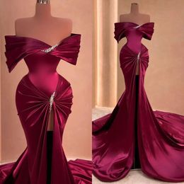 Evening Shoulder Party Bury Gown Off Mermaid Prom Dresses Pleats Crystal Sweep Train Formal Long Dress For Red Carpet Special Ocn