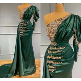 Charming Satin Dark Green Mermaid Evening Dress With Gold Lace Appliques Pearls Beads One Shoulder Pleats Long Formal Ocn Gowns Vestidos De Fiesta Prom Dresses 0431