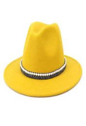Wide Brim Hats 2021 Wool Jazz Fedora Casual Men Women Leather Pearl Ribbon Felt Hat White Pink Yellow Panama Trilby Formal Party C4042543