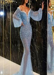 Sparkle Sequined Mermaid Evening Dresses Luxury Heavy Pearls Beads Prom Dress Abiti Da Cerimonia Da Sera Formal Long Sleeves9121074