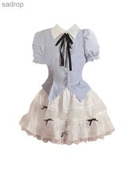 Redes de saias de estilo de esqui de 2 peças de 2 peças de 2 peças de camisa pólo listrada 2000s Aestétics+vestido de bowball primavera/verão moda gyaru sweet xw