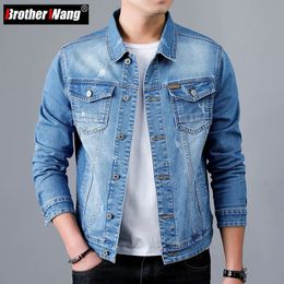 Spring Mens Casual Cotton Denim Jacket Classic Style Fashion Slim Washed Retro Blue Jeans Coat Male Brand Clothing 240415