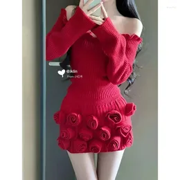 Work Dresses Sexy One Shoulder Red Rose Slim Fit Knitted Shirt Autumn/Winter High Waist 3D Short Skirt Set Two Piece Women Outfits