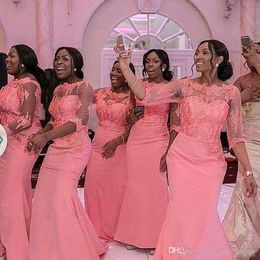 플러스 신부 들러리 산호 크기 드레스 인어 아프리카 바토 목선 1/2 반 소매 레이스 애플리케이션 메이드 메이드 명예 가운 웨딩 파티