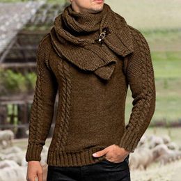 Men's Sweaters Men's Turtleneck Sweater Vintage Twist Ribbed Winter Men Scarf Detachable Leather Buckle Bib Pullover Knitwear 254V