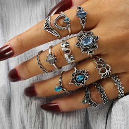 Band Rings 15 pieces/set Hip Hop Womens Ring Set Blue Crystal Antique Colored Moon Heart Butterfly Party Gift Anillos Mujer Q240429