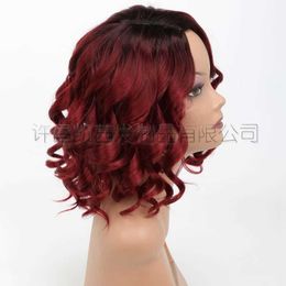 fiber curly Wig inner womens hair chemical wig rose red net short headgear