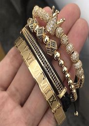 4pcsset Classical Handmade Braiding Bracelet Gold Hip Hop Men Pave Cz Zircon Crown Roman Numeral Bracelet Luxury Jewellery T1907024394458
