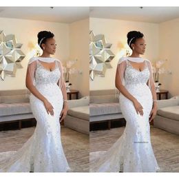 Plus Size Mermaid Weddding Dreses mit Wrap Perlen -Kristallspitzen -Spaghetti Hochzeitskleid Brautkleider Vestidos de Novia 0430