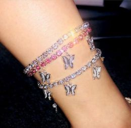 Fashion Butterfly Anklet Iced Out Ankle Bracelets Gold Silver Tennis Chain Anklets Womens Hip Hop Jewelry5254811