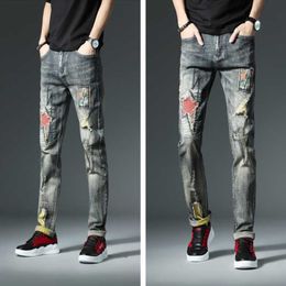 Fashion Vintage Men Jeans Slim Fit Embroidery Patch Designer Ripped Jeans Men Hip Hop Pants High Quality Streetwear Biker 209x