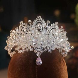 Tiaras Luxury Flower Water Drop Tassel Pendant Tiara Crown Women Girls Wedding Korean Elegant Princess Bridal Hair Dress Jewellery
