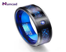 luxury 2020 New Arrival Foreign Trade Carbon Fiber Blue Zircon Men Rings 100 Tungsten Carbide Anillos Para Hombres Black Dragon 8039542