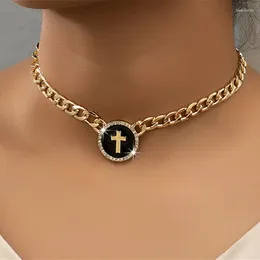 Pendant Necklaces Gothic Simple Personality Cross Choker Necklace Fashion Luxury Round Drip Oil Collarbone Chain Vintage Women's