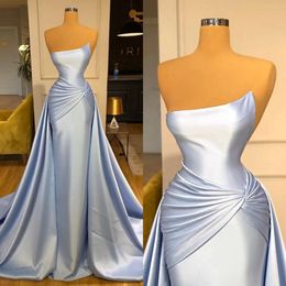Evening Dresses Blue Strapless Overskirts Party Light Prom Pleats Sweep Train Formal Long Dress For Red Carpet Special Ocn