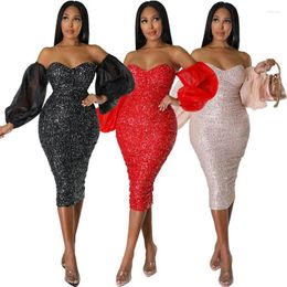 Casual Dresses Women's Spice Girl Puff Sleeve Dress Slim Bead Wrap Hip Skirt Tight Sexy Strapless Collar Ladies Party Banquet