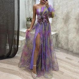 Casual Dresses Elegant Formal Party Dress One Shoulder Tie-dye Ball Gown With Mesh Bubble Sleeves Split Hem Women's Evening