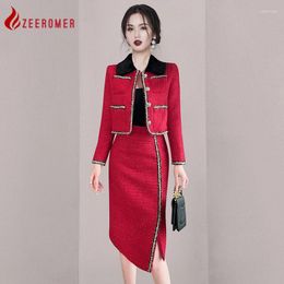 Work Dresses 2024 Winter Elegant Temperament Red Tweed Skirt Set Office Lady Hit Colour Lapel Woollen Blazer Jacket Midi Pencil 2 Piece