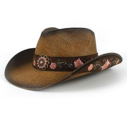 Women Flower Antique Straw Cowboy Hats Finish Western Cap Wide Brim Sunhat High Quality Caps for Lady1111128