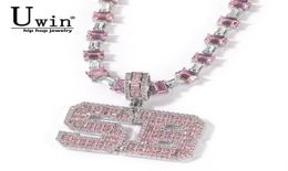 Uwin Pink Baguette Letters Nome Nome Ciondolo con catena di tennis per il cuore o catena di baguetter ghiacciata gioielli personalizzati 26105937
