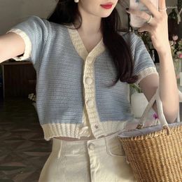 Women's Knits 2024 Gentle Wind Knitted T Shirt Women Summer Short Sleeve Crop Tops Woman V Neck Cardigan Sweater