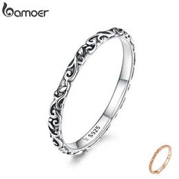 Band Rings BAMOER 2mm 925 Sterling Silver Retro Pattern Minimalist Ring Womens Stacked SCR513 Q240429