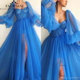 Cheap Sexy Tulle A Line Evening Dresses Long Sleeves Sweetheart Ruffles Split Prom Party Gowns Floor Length Robe De Soriee 0430