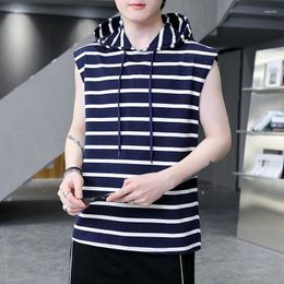Men's Tank Tops Fashion 2024 Summer Striped Cotton Vests Streetwear Casual Loose Hooded Sleeveless T-Shirts Youth Outdoor Sports Tops&Tees