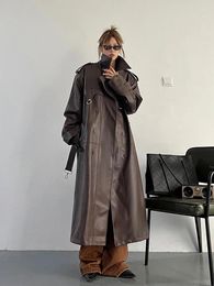 Women's Trench Coats Spring Autumn Long Loose Brown Pu Leather Coat For Women Belt Double Breasted American And European Fashion 2024