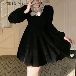 Casual Dresses TEROKINIZO Vintage Princess Dress Women Lace Patchwork V Neck Mini Female Bow Knot Design Slim Waist Vestidos Mujer