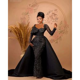 Neck Jewel Dresses Prom Sexy Illusion Black Lace Crystal Beads Mermaid African Plus Size Satin Floor Length Evening Gowns Overskirts Long Sleeves