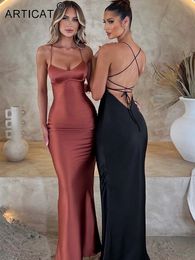 Articat Satin Backless Lace Up Mermaid Slip Dress Women Sweetheart Neck Sexy Slim Bodycon Dresses Elegant Silk Gown Partywear 240428