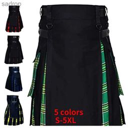 Skirts Mens plus size Scottish blend black cotton and Tatar practical set with leather strap XW165