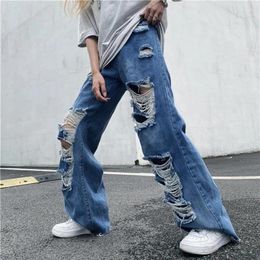 Women's Jeans 2024 Ripped Vintage Woman's Distressed Streetwear Hole Hip Hop High Waist Pants Fashion Straight Denim Trousers Ladies