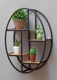 Retro Round Wooden Metal Wall Hanging Shelf Office Sundries Art Storage Rack Home Decorative Craft Holder Racks Y2004297751246