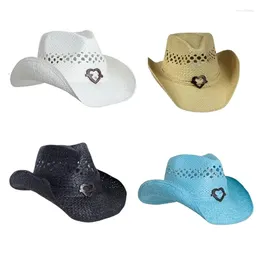 Berets Elegant Female Rolled Brims Cowboy Hat Straw Breathable With Heart Badge HXBA
