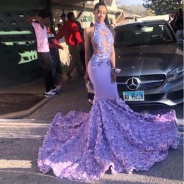 Lilac Halter Mermaid Prom Dresses Backless Rose Train Graduation Party Gowns Lace Appliques Sequin Female Robe De Soiree 0431