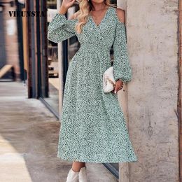 Casual Dresses 2024 Autumn Winter Elegant Pretty Women Dress Off Shoulder Print V-neck Temperament Street Style Long Sleeve For